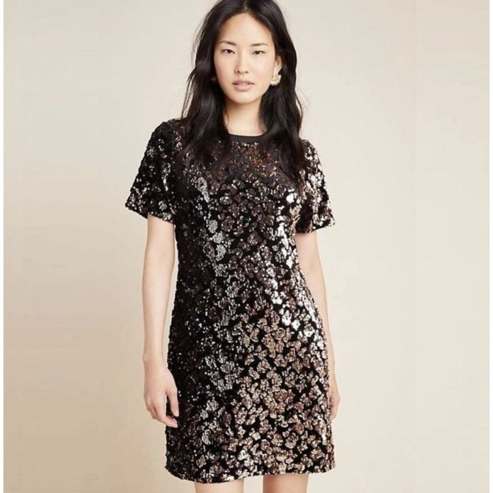 Anthropologie RO & DE Women's Tee Dress Sz M Black Velvet Sequined Short Sleeve